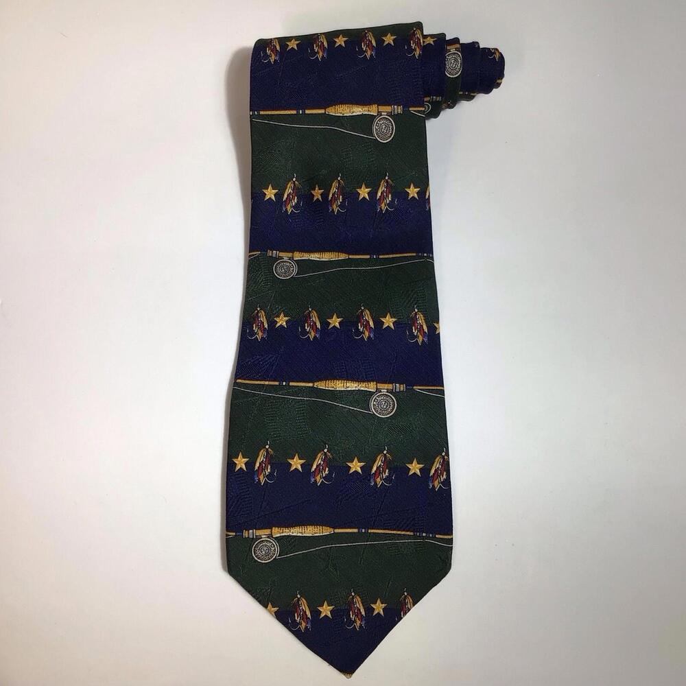 Tommy Hilfiger Silk Tie Green with Fishing Rod & Lure Pattern